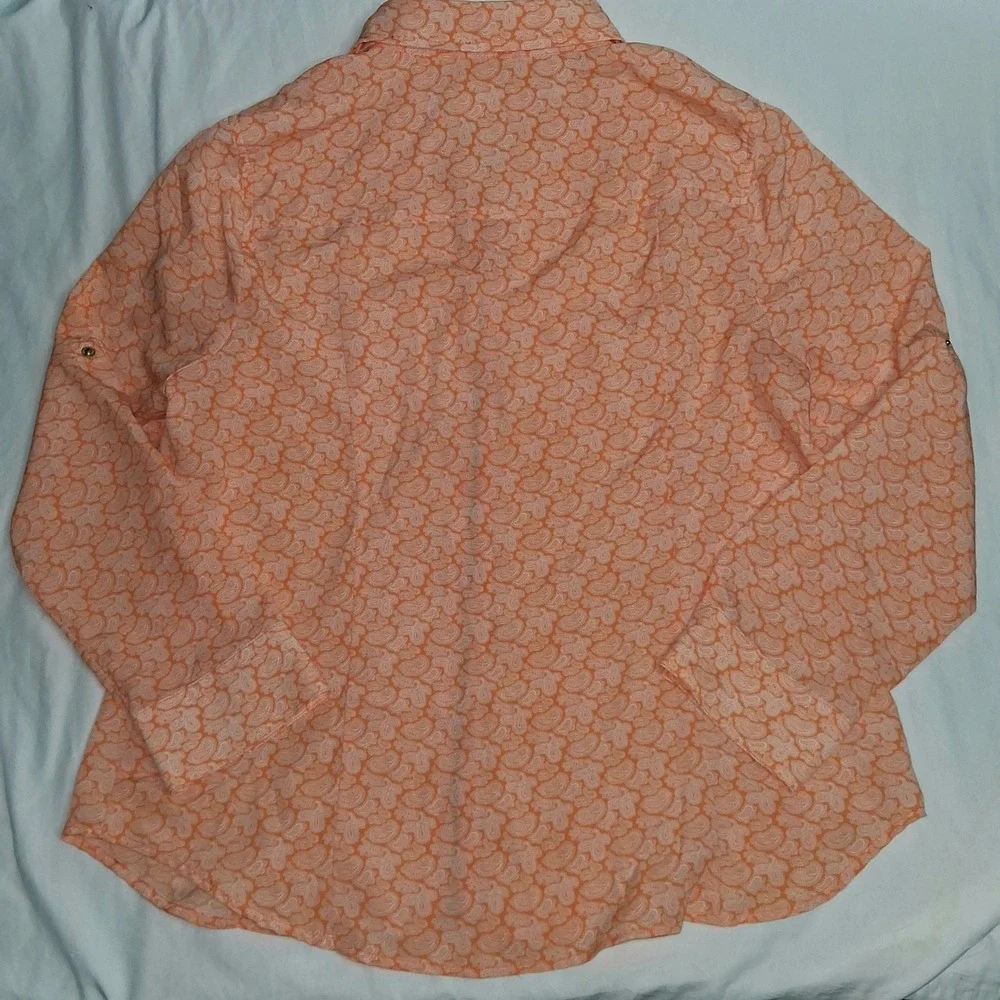 Michael Kors Womens Orange Paisley Print Zip Front‎ Collared Shirt Top Size XL